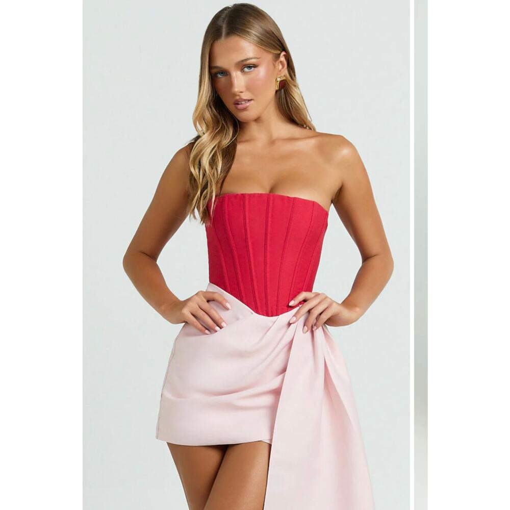 Showpo Olympia Red Pink Colorblock Strapless Draped Mini Party Dress NWT US 10 - Picture 2 of 15